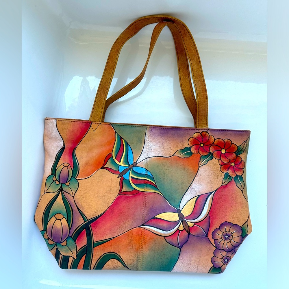 Anuschka Butterfly Garden Hand Painted Leather Tote Bag with  cover